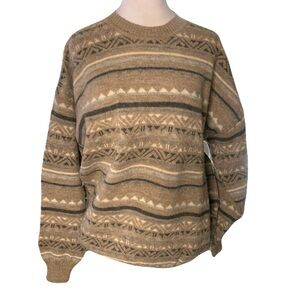 Tumi Men's Beige Multicolor Patterned Crewneck Wool Alpaca Blend Cozy Sweater